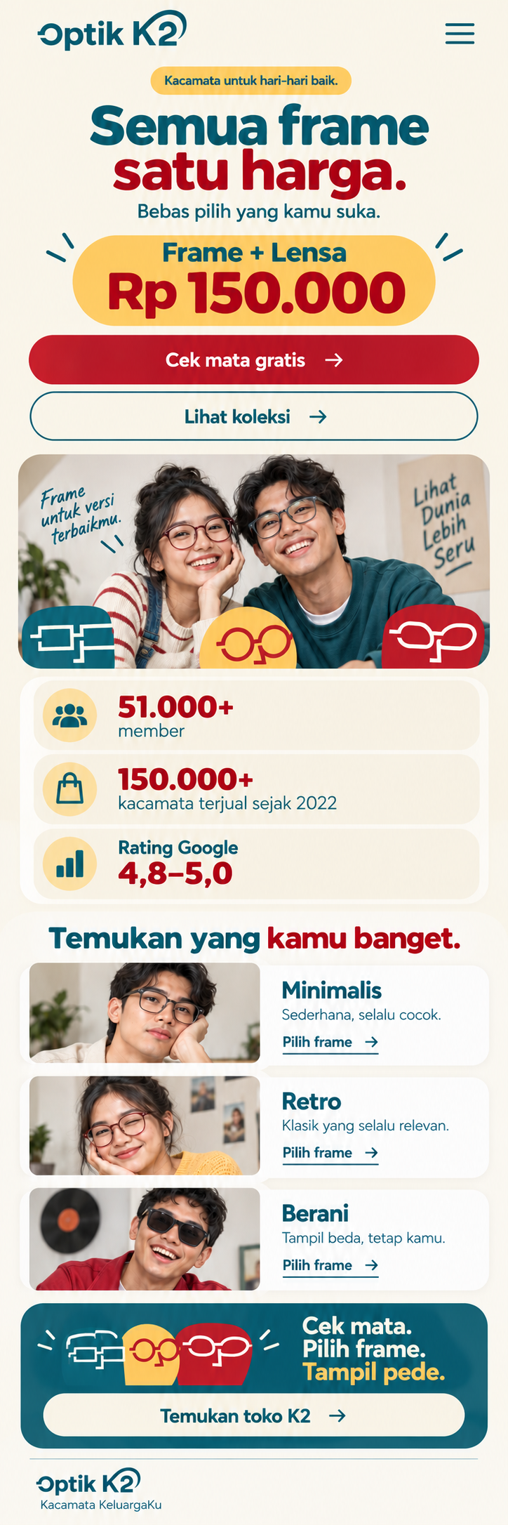 Dua anak muda memakai kacamata, bersama tiga karakter kacamata khas Optik K2