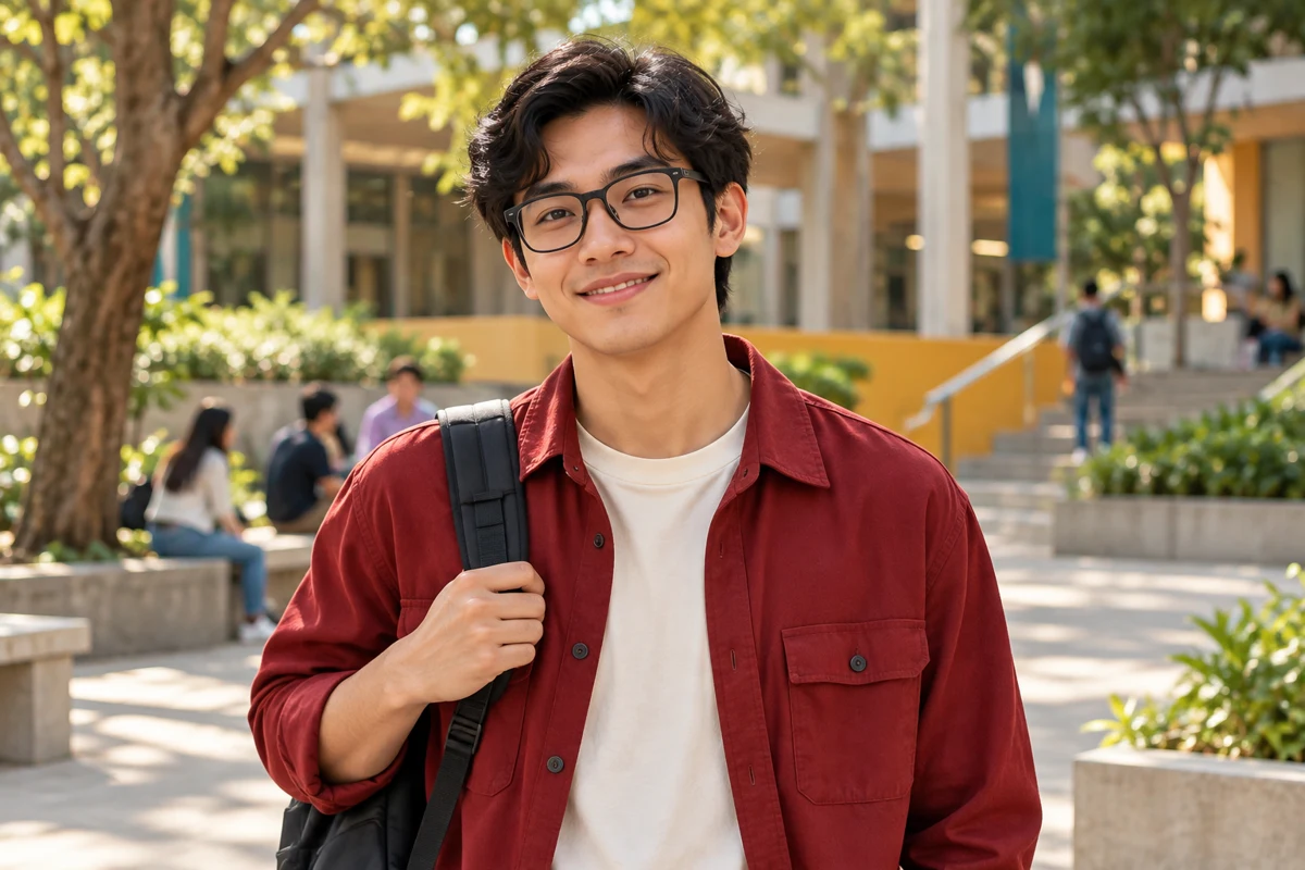 Pria berkacamata dengan overshirt merah dan tas kampus