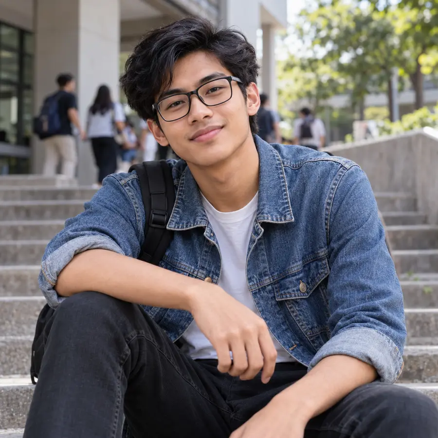 Pria berkacamata kotak hitam dan jaket denim di tangga kampus