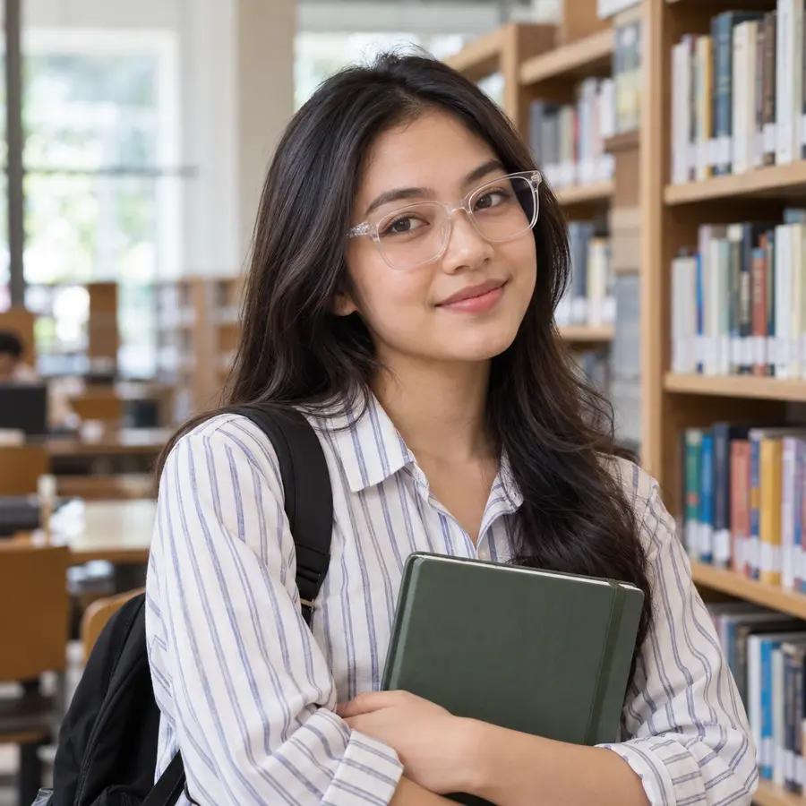 Wanita berkacamata kotak bening dan kaus bergaris di perpustakaan