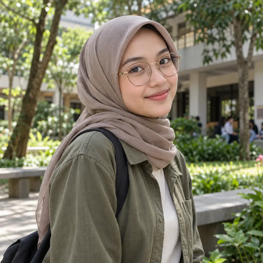 Wanita berhijab taupe berkacamata bulat emas di halaman kampus