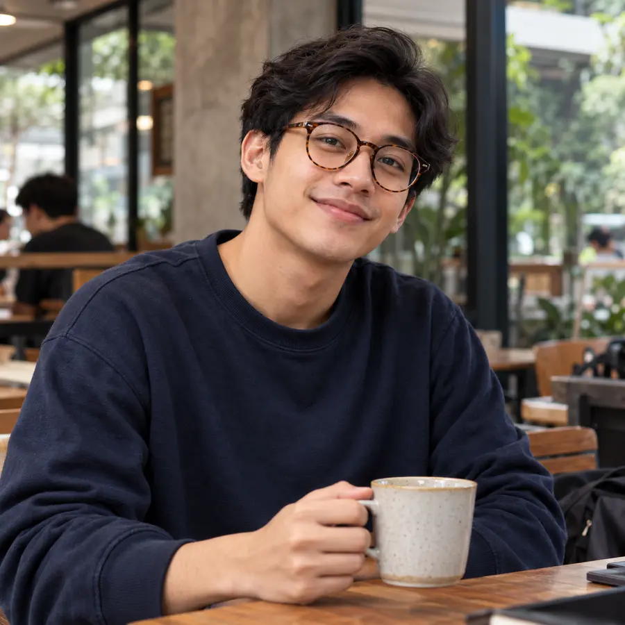 Pria berkacamata panto tortoise dan sweatshirt navy di kafe kampus