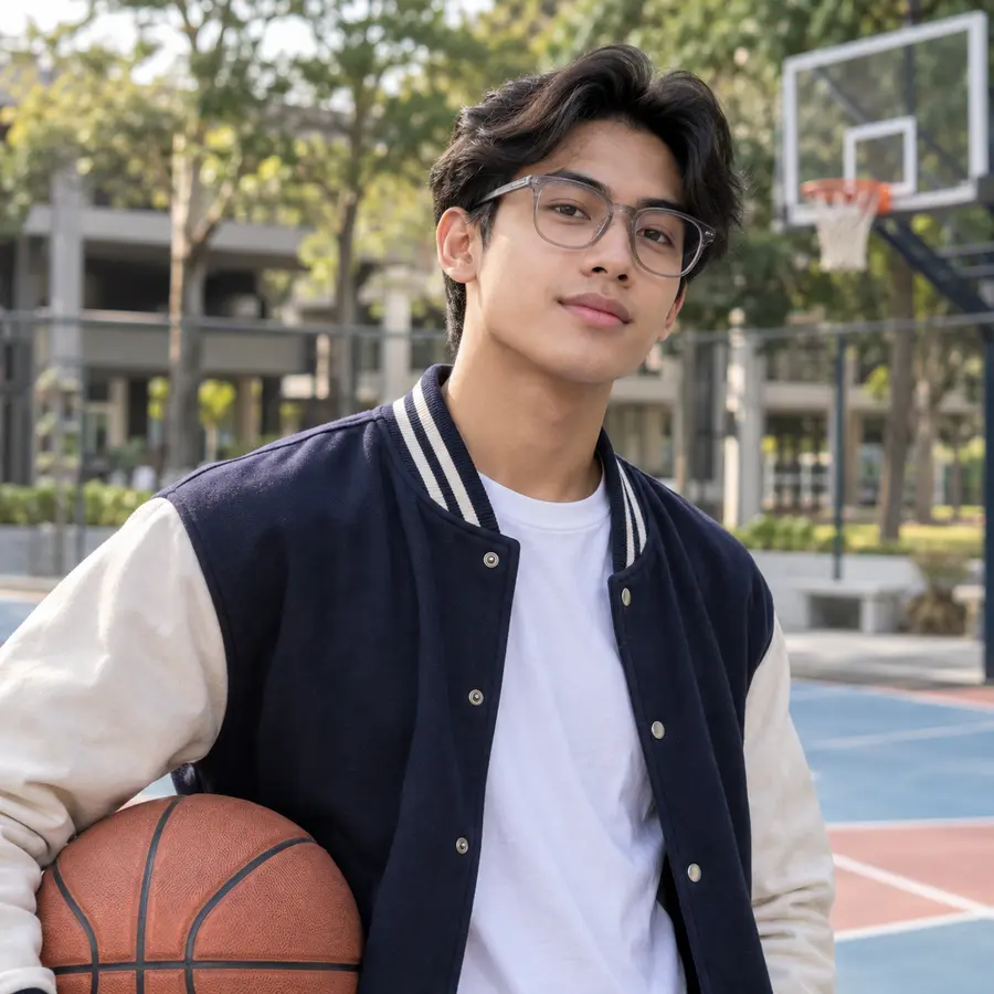 Pria berkacamata persegi abu bening dan jaket varsity di lapangan basket