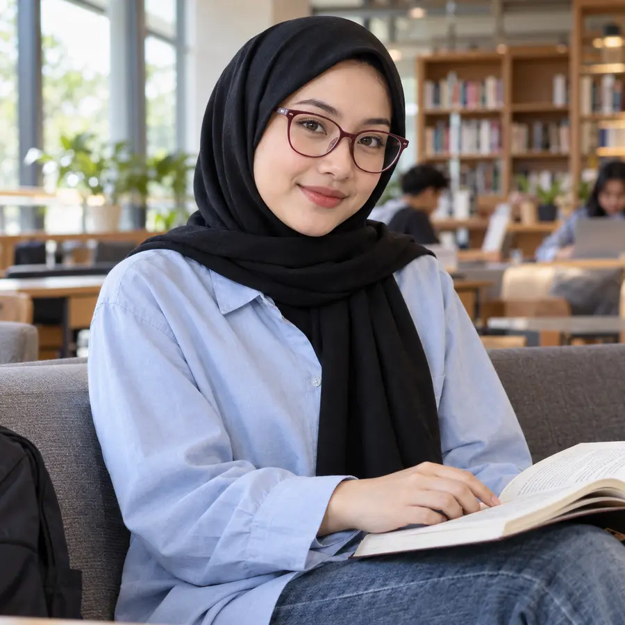 Wanita berhijab hitam berkacamata cat eye burgundy di ruang belajar