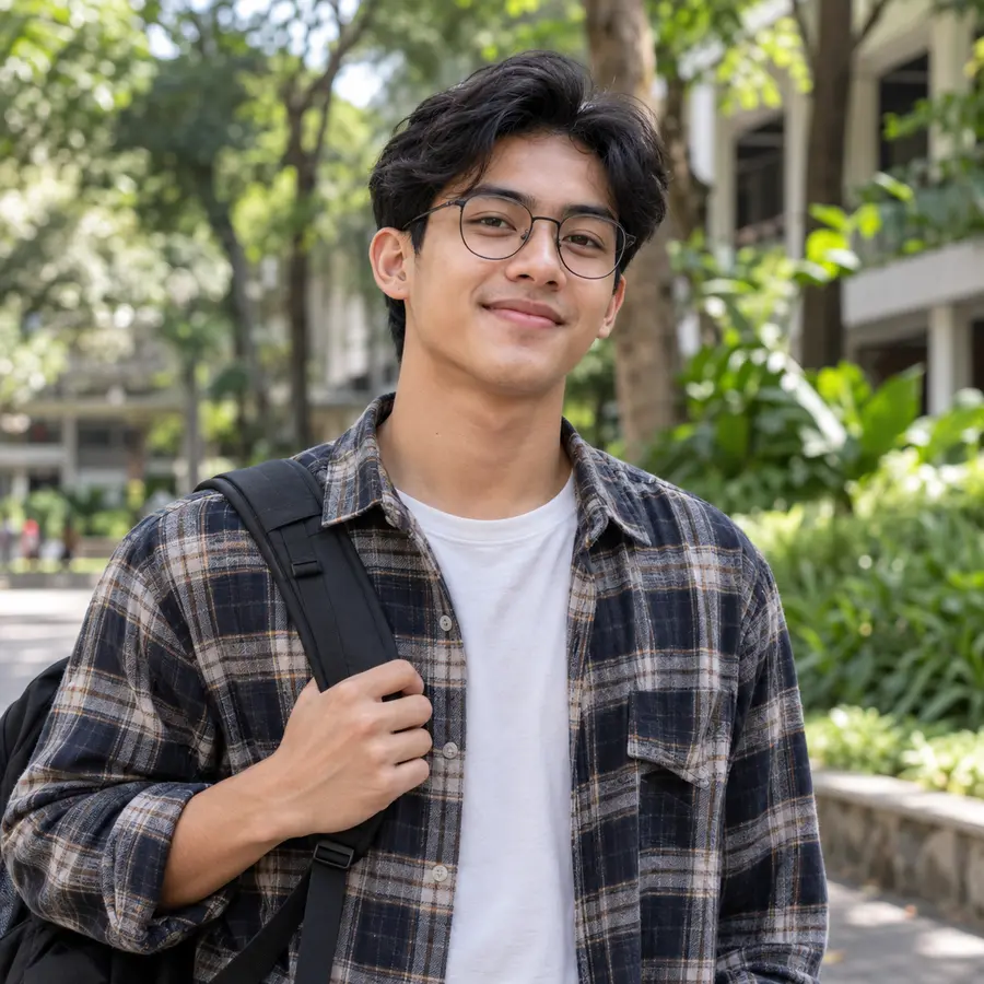 Pria berkacamata bulat hitam dan overshirt kotak-kotak di taman kampus