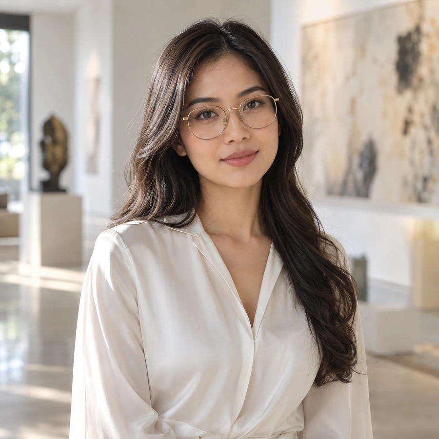 Wanita berkacamata oval emas dan blus putih di galeri seni