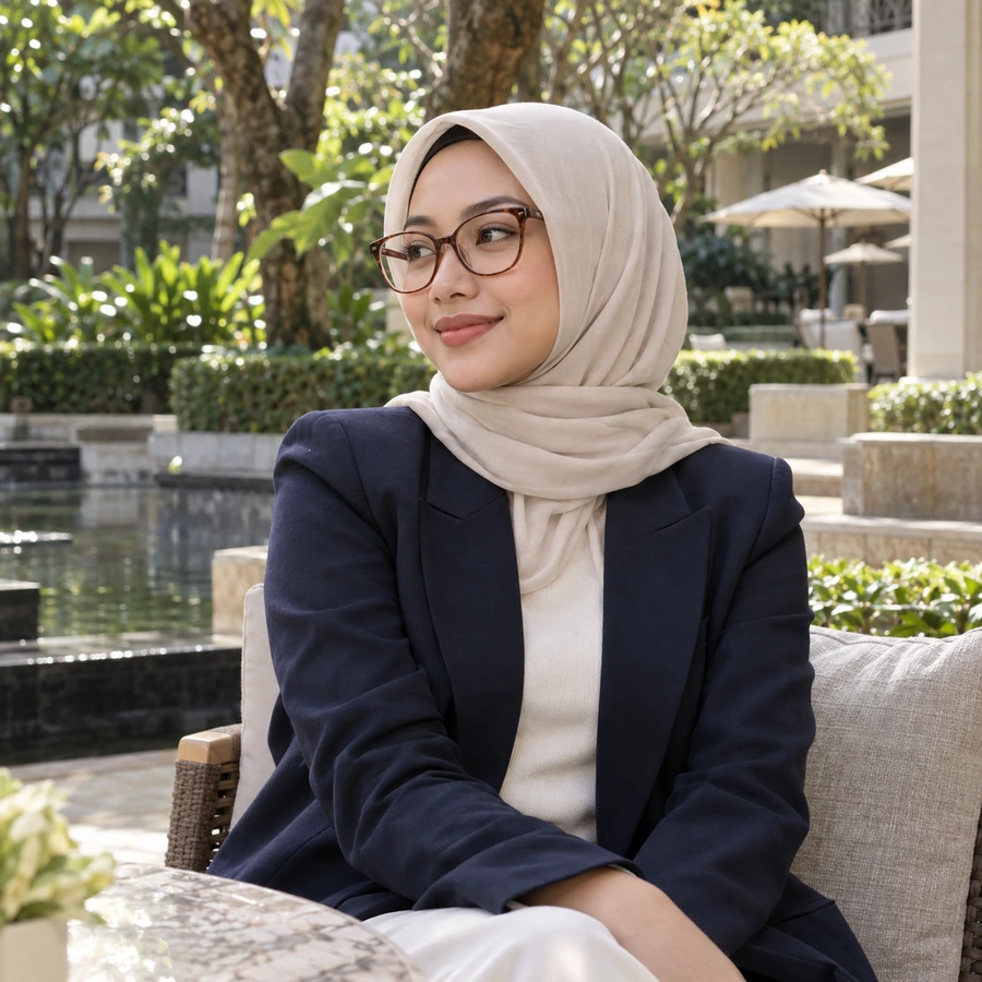 Wanita berhijab krem berkacamata cat eye cokelat dan blazer navy di taman