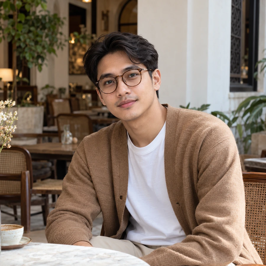 Pria berkacamata bulat cokelat dan kardigan camel di kafe heritage