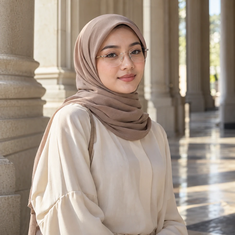 Wanita berhijab taupe berkacamata tanpa bingkai dan blus krem di koridor berpilar