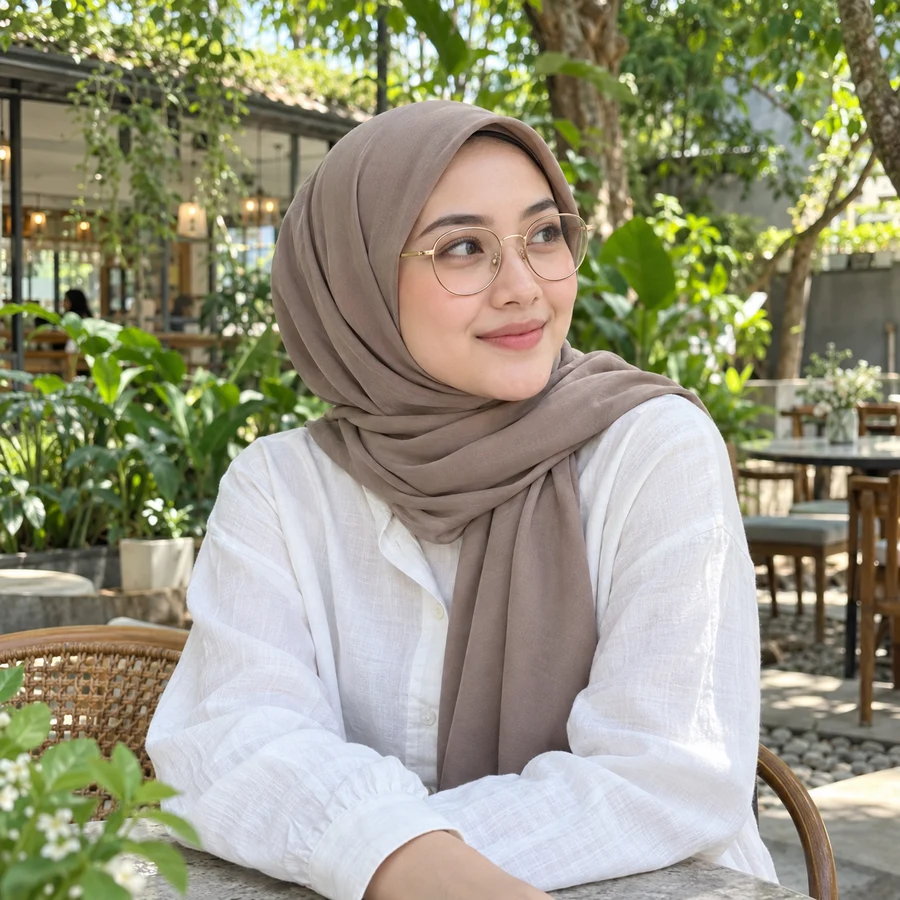 Hijab taupe dan kacamata bulat emas di kafe taman