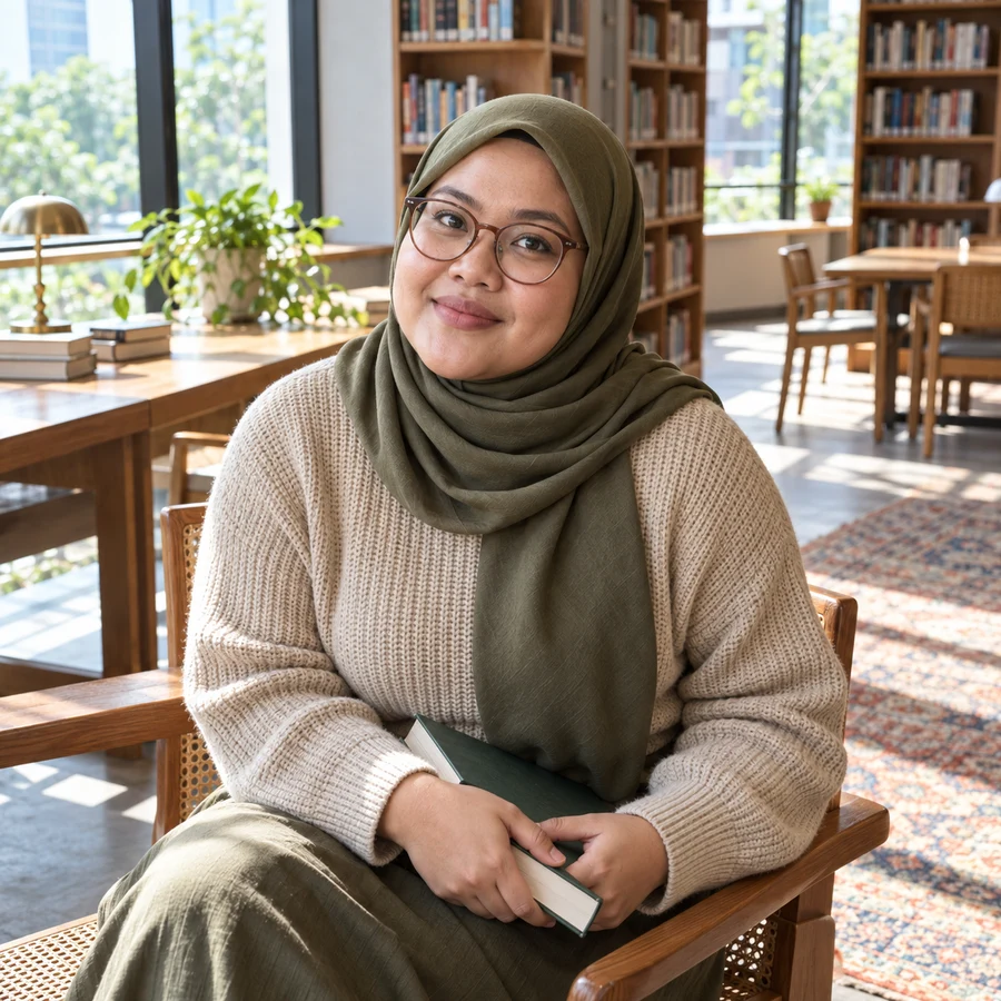 Hijab olive dan kacamata panto cokelat di perpustakaan
