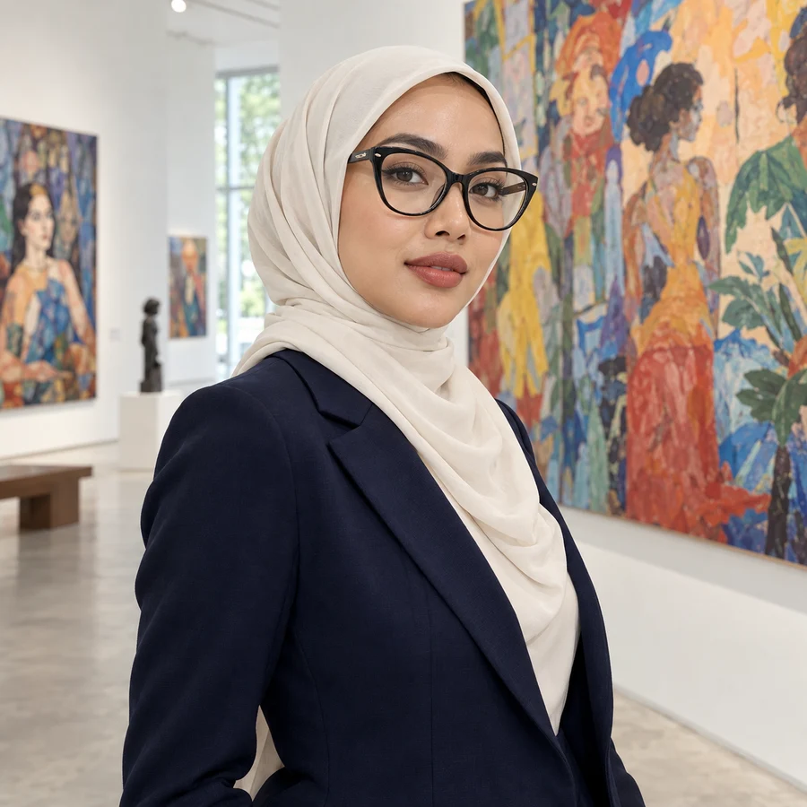 Hijab cream dan kacamata cat eye hitam di galeri seni
