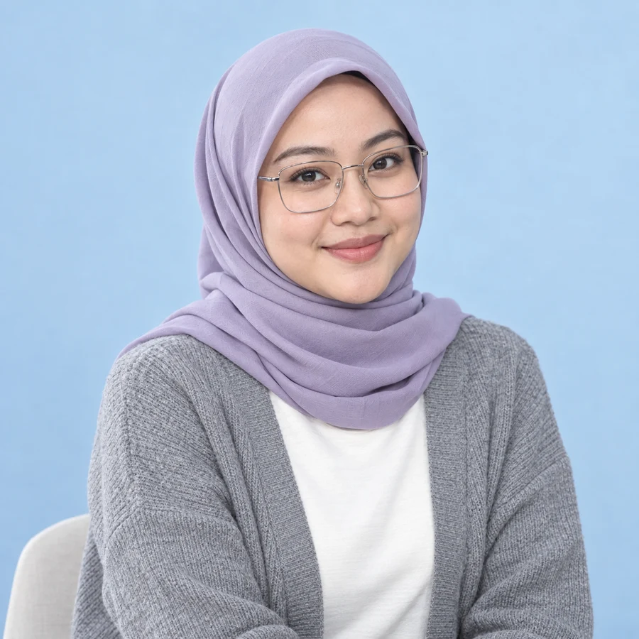 Hijab lilac dan kacamata persegi silver di studio biru muda