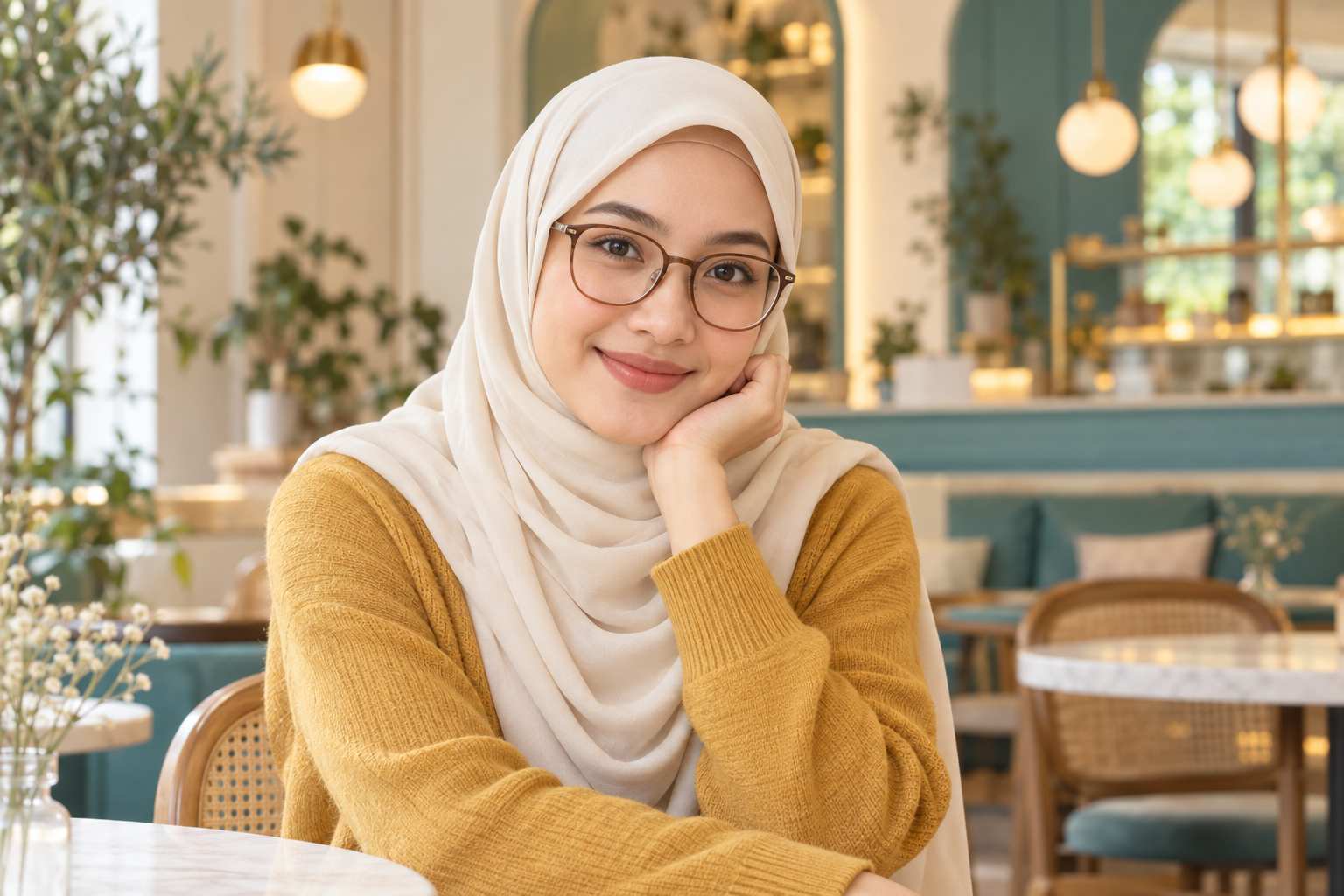 Model perempuan berhijab krem memakai kacamata cokelat dan sweater kuning