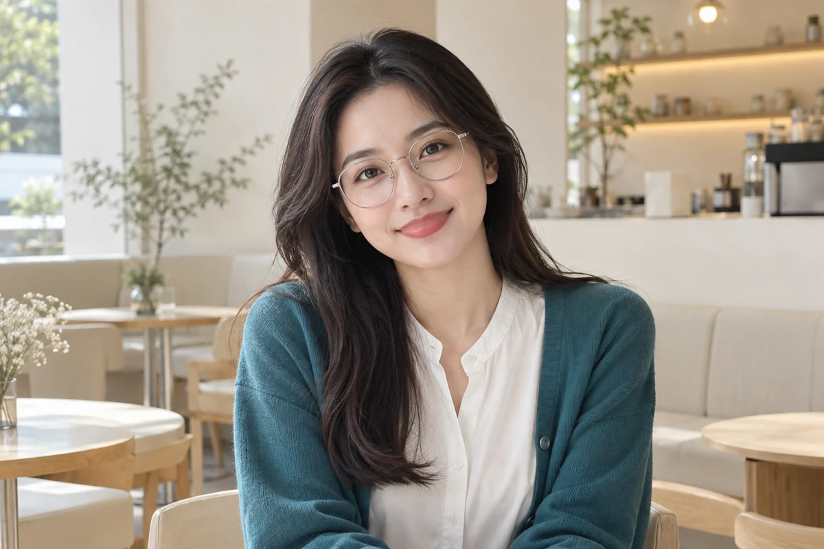 Perempuan berkacamata tipis dengan gaya minimalis