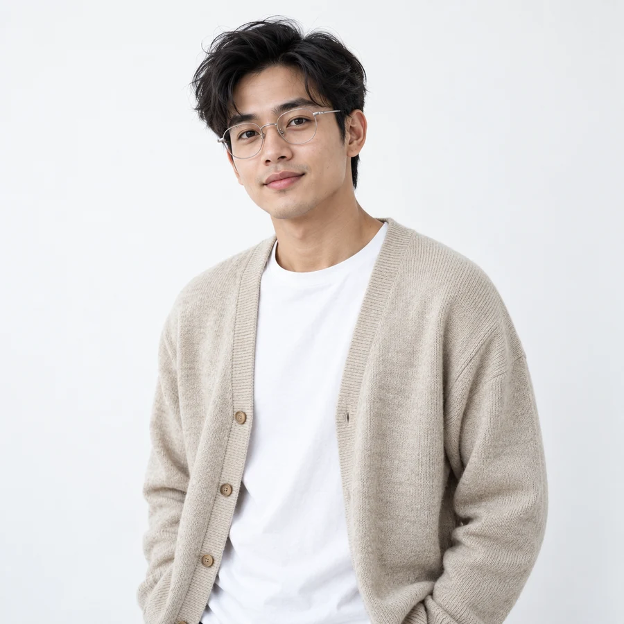 Pria berkacamata oval silver dengan cardigan di studio putih