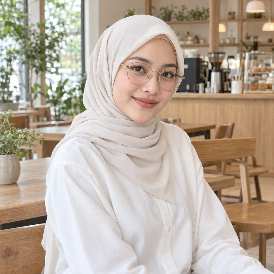 Wanita berhijab ivory berkacamata oval champagne di kafe kayu