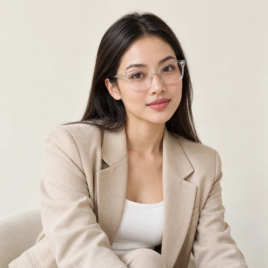Wanita berkacamata kotak bening dengan blazer di studio cream