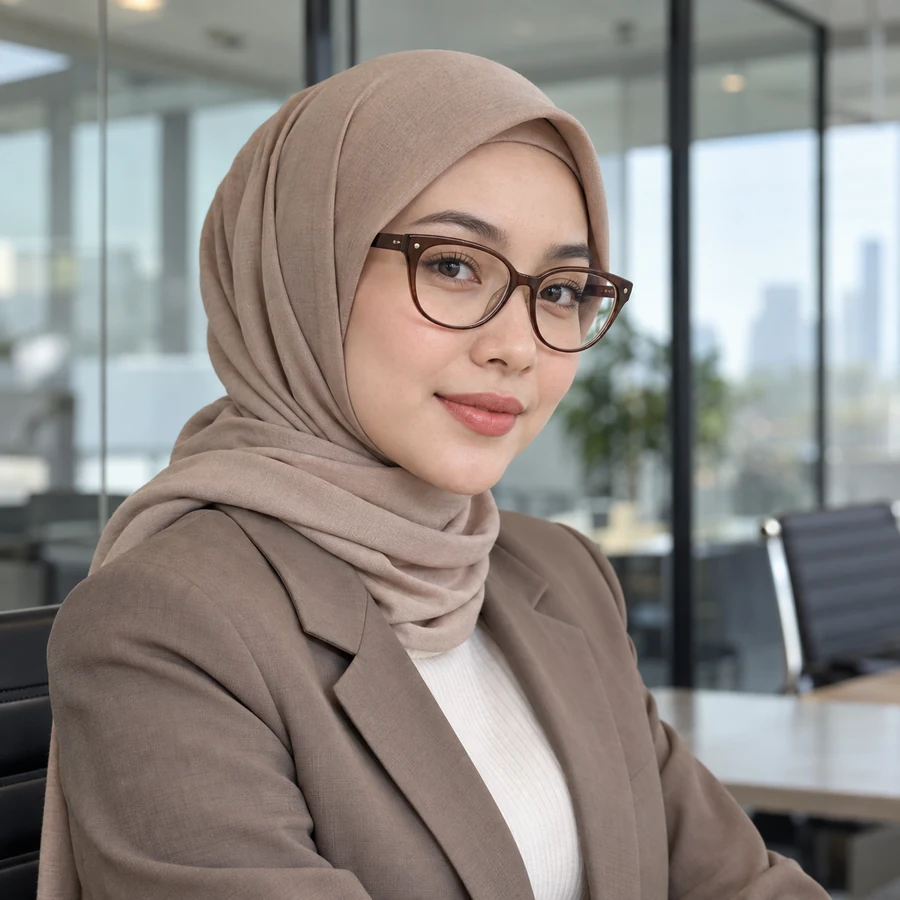 Wanita berhijab beige berkacamata cat eye cokelat di ruang rapat