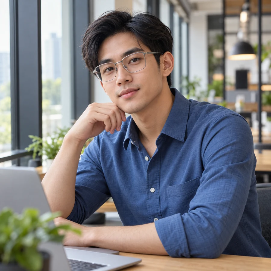 Pria berkacamata kotak perak dan kemeja biru di coworking space