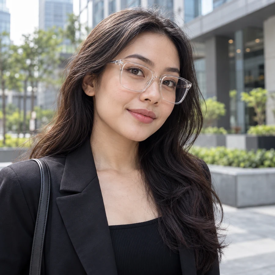 Wanita berkacamata kotak bening dan blazer hitam di plaza kantor