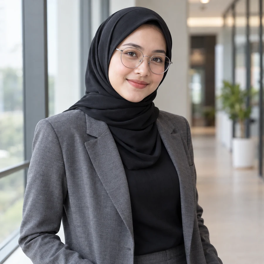 Wanita berhijab hitam berkacamata bulat perak dan blazer abu-abu di koridor kantor