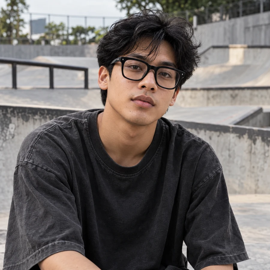 Pria berkacamata kotak hitam dengan kaus oversized di skatepark