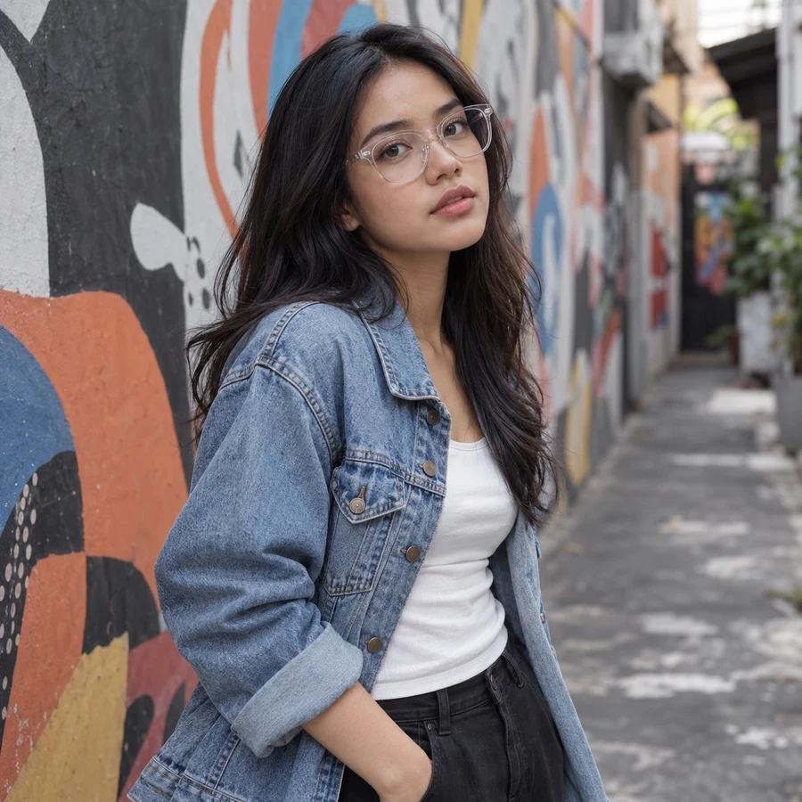 Wanita berkacamata kotak bening dengan jaket denim di lorong mural