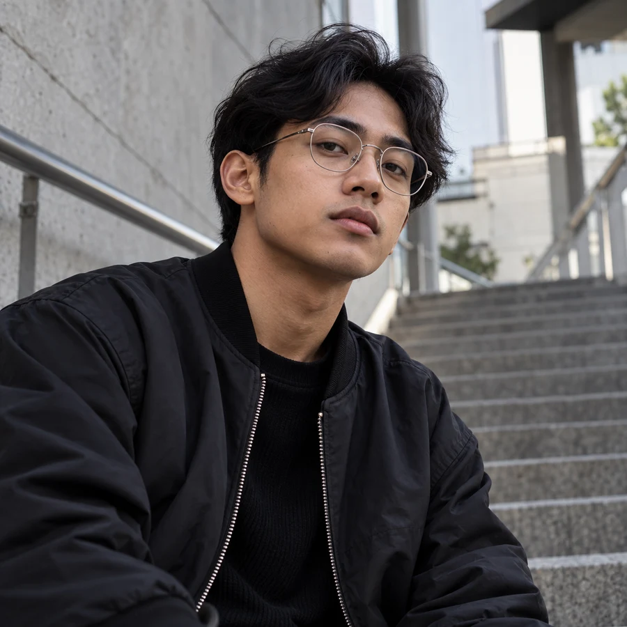 Pria berkacamata oval silver dengan jaket bomber di tangga kota