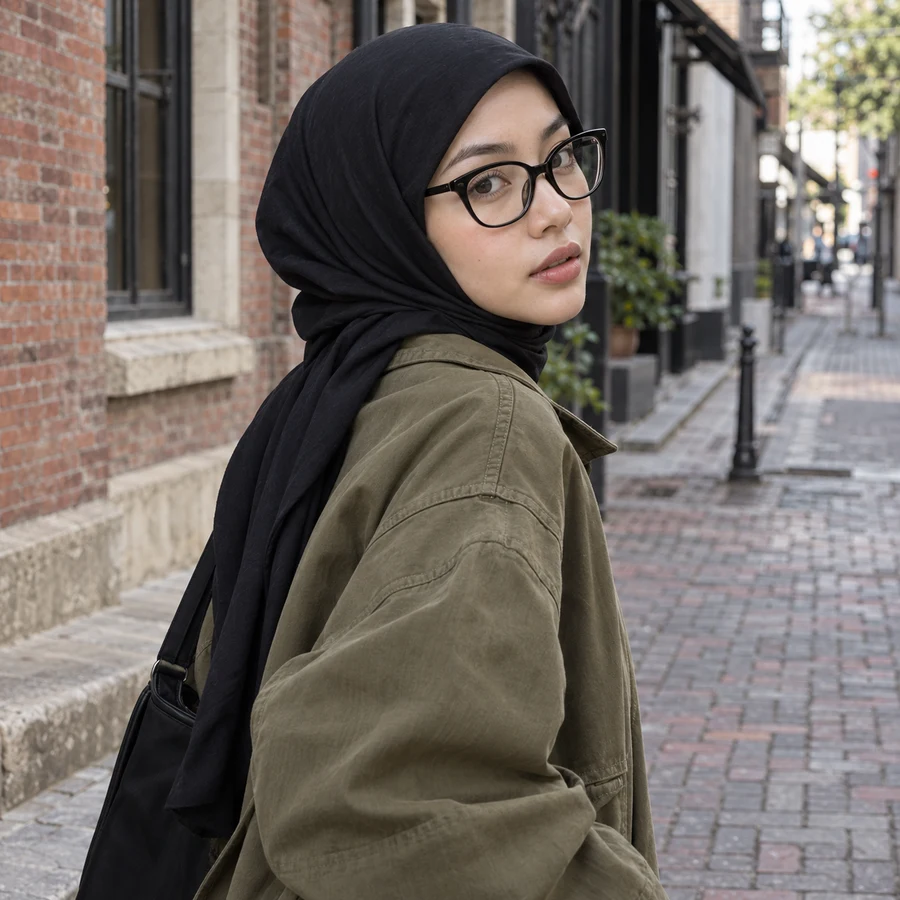Wanita berhijab hitam berkacamata cat eye dengan jaket olive di jalan bata