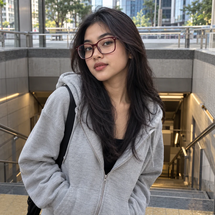 Wanita berkacamata persegi burgundy dengan hoodie abu-abu di pintu stasiun