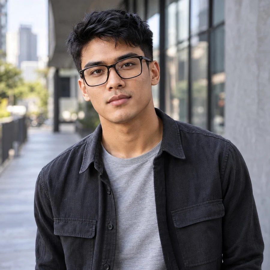 Pria berkacamata kotak hitam dengan overshirt charcoal di jalur kota beton
