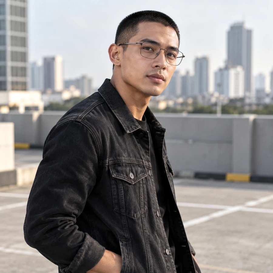 Pria berkacamata kotak abu metalik dengan jaket denim hitam di rooftop