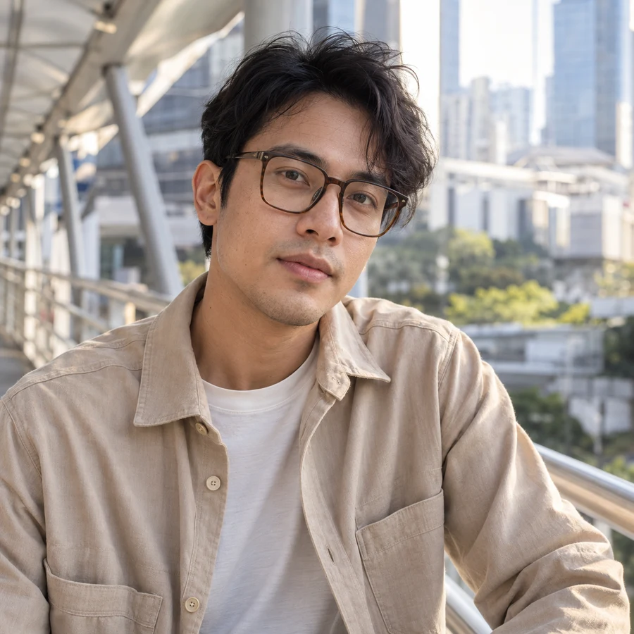 Pria berkacamata kotak cokelat dengan overshirt beige di jembatan pedestrian