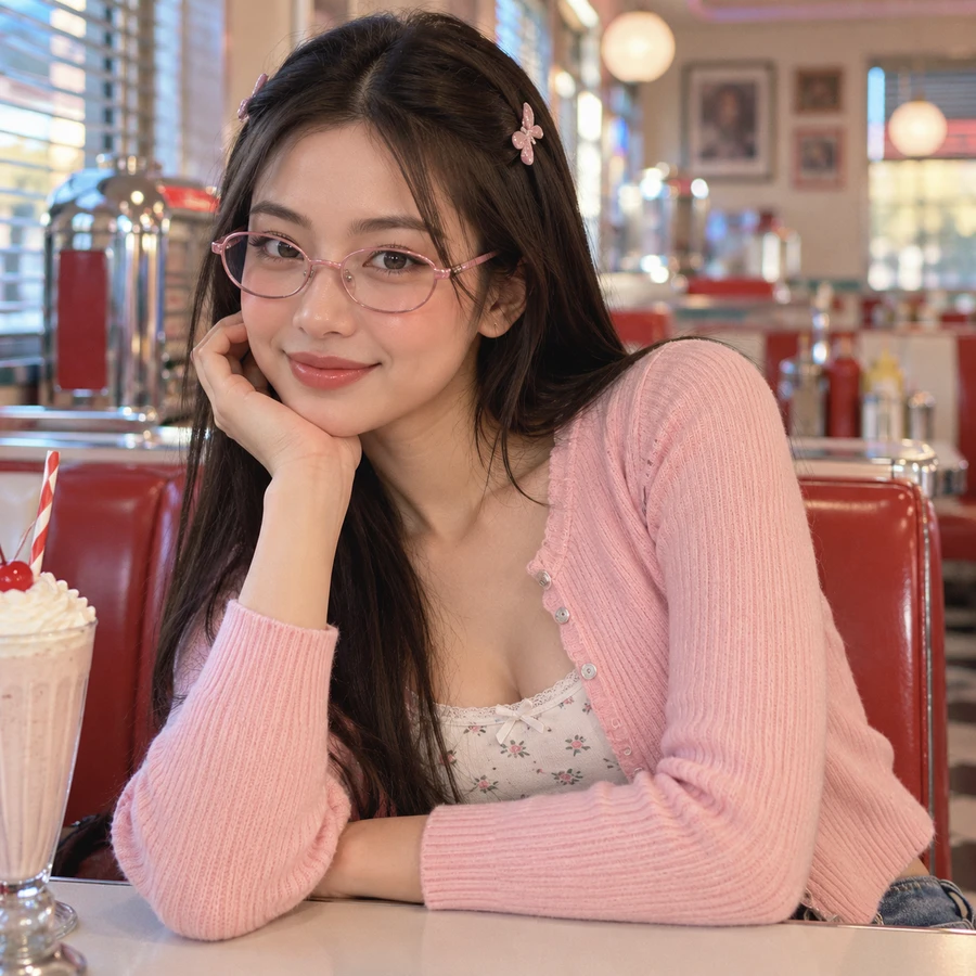 Wanita berkacamata oval pink dan kardigan pastel di diner retro