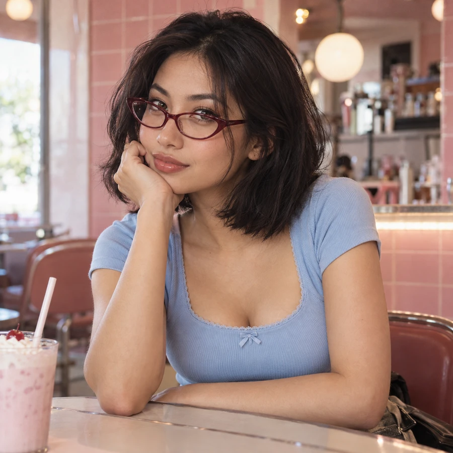 Wanita berkacamata cat eye burgundy dan atasan biru muda di kafe ubin pink