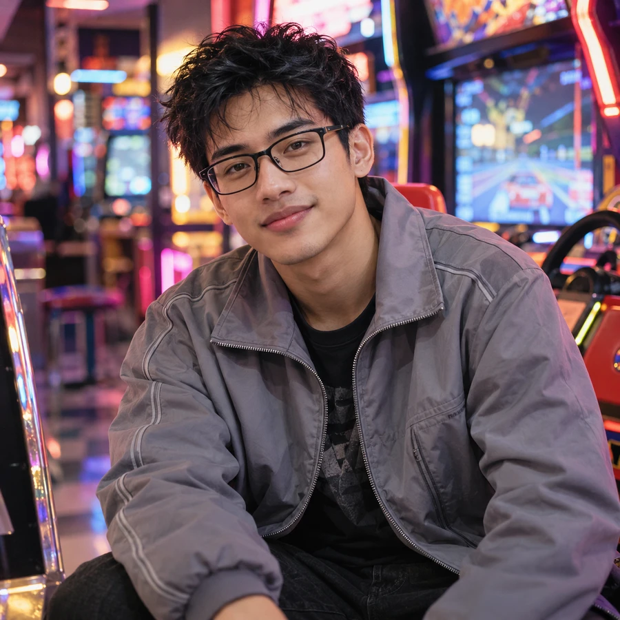 Pria berkacamata persegi panjang hitam dan jaket abu-abu di arcade