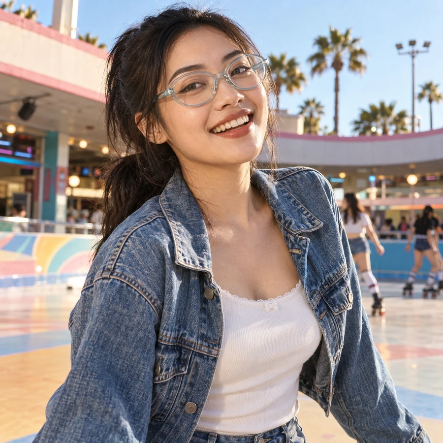 Wanita berkacamata oval aqua bening dan jaket denim di depan arena sepatu roda