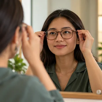Ilustrasi foto perempuan mencoba posisi kacamata di depan cermin