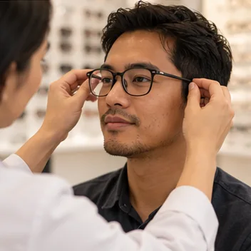 Ilustrasi foto staf optik membantu memeriksa posisi frame kacamata