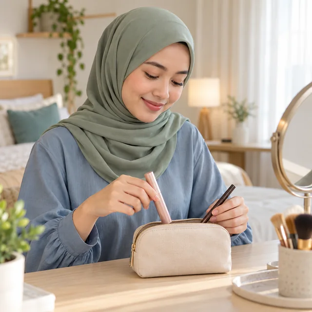 Ilustrasi AI perempuan berhijab menata maskara dan eyeliner miliknya yang tertutup