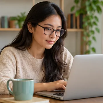 Ilustrasi foto perempuan berkacamata menggunakan laptop di meja kerja