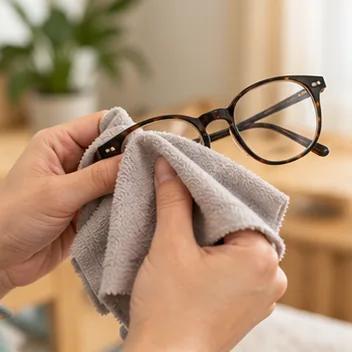 Ilustrasi foto tangan membersihkan lensa kacamata dengan kain mikrofiber