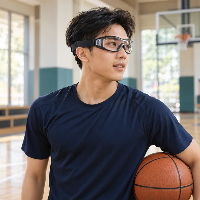Ilustrasi AI pemain basket memakai pelindung mata olahraga bertali